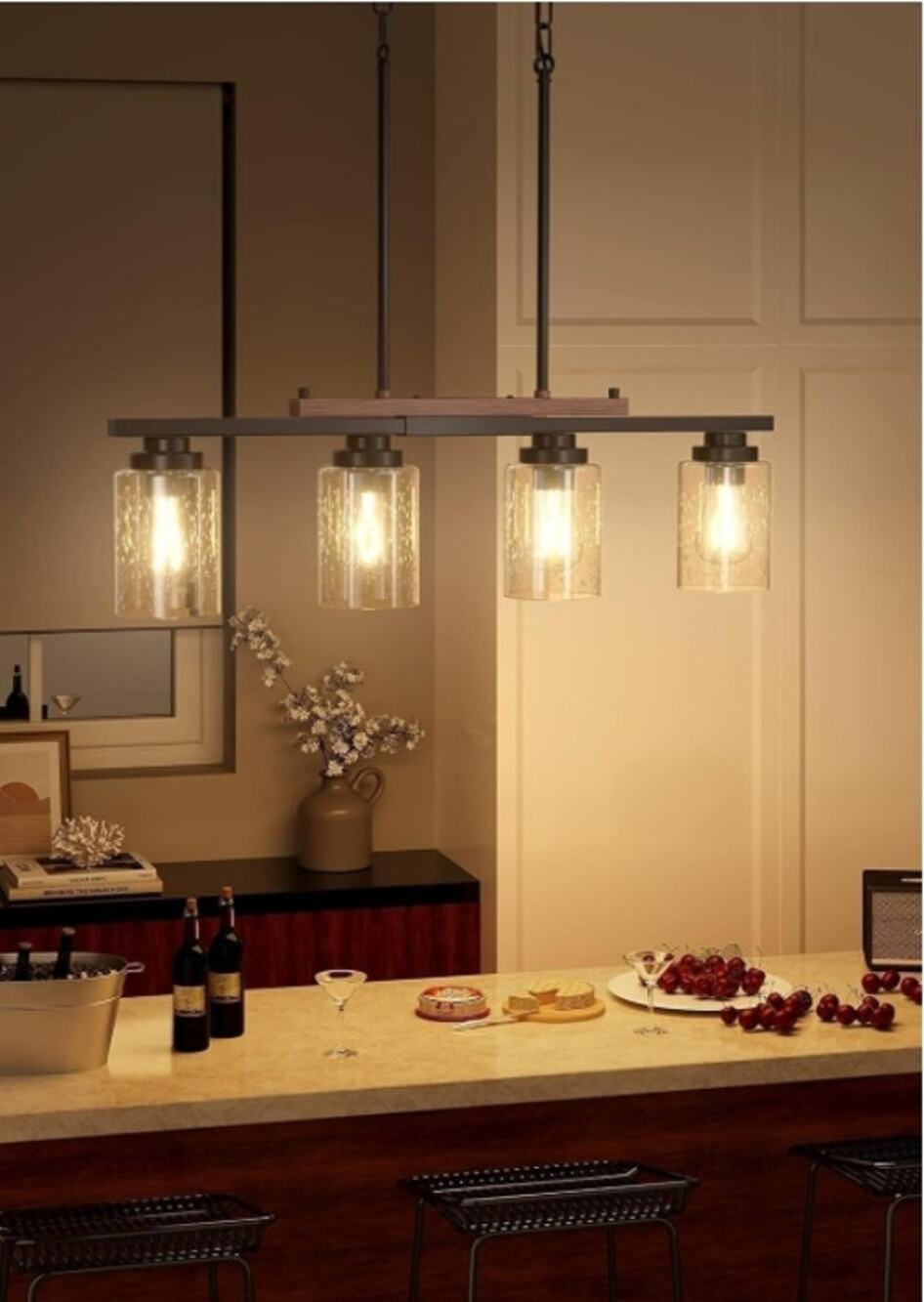 Amico 4-Light Kitchen Island Chandelier Black Wood Seeded Glass New